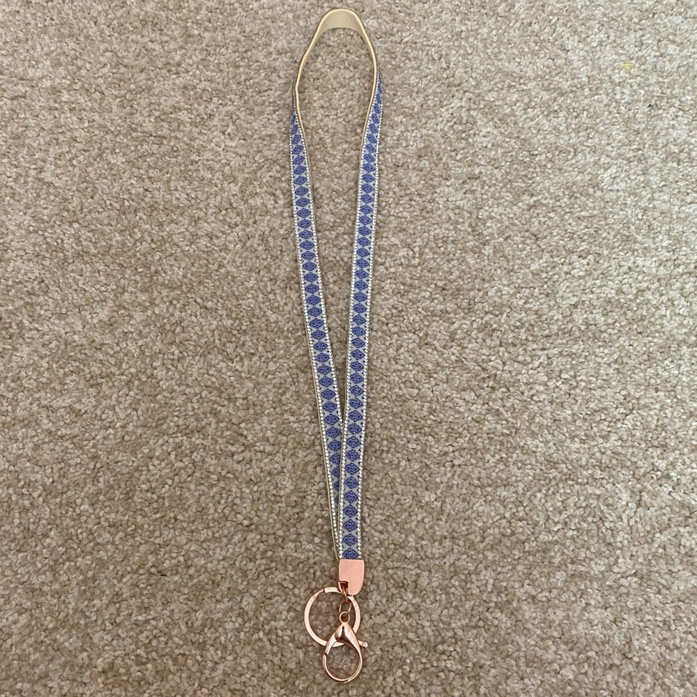 Charming Charlie Classic Blue Chevron Studded Rose Gold Keychain Lanyard
